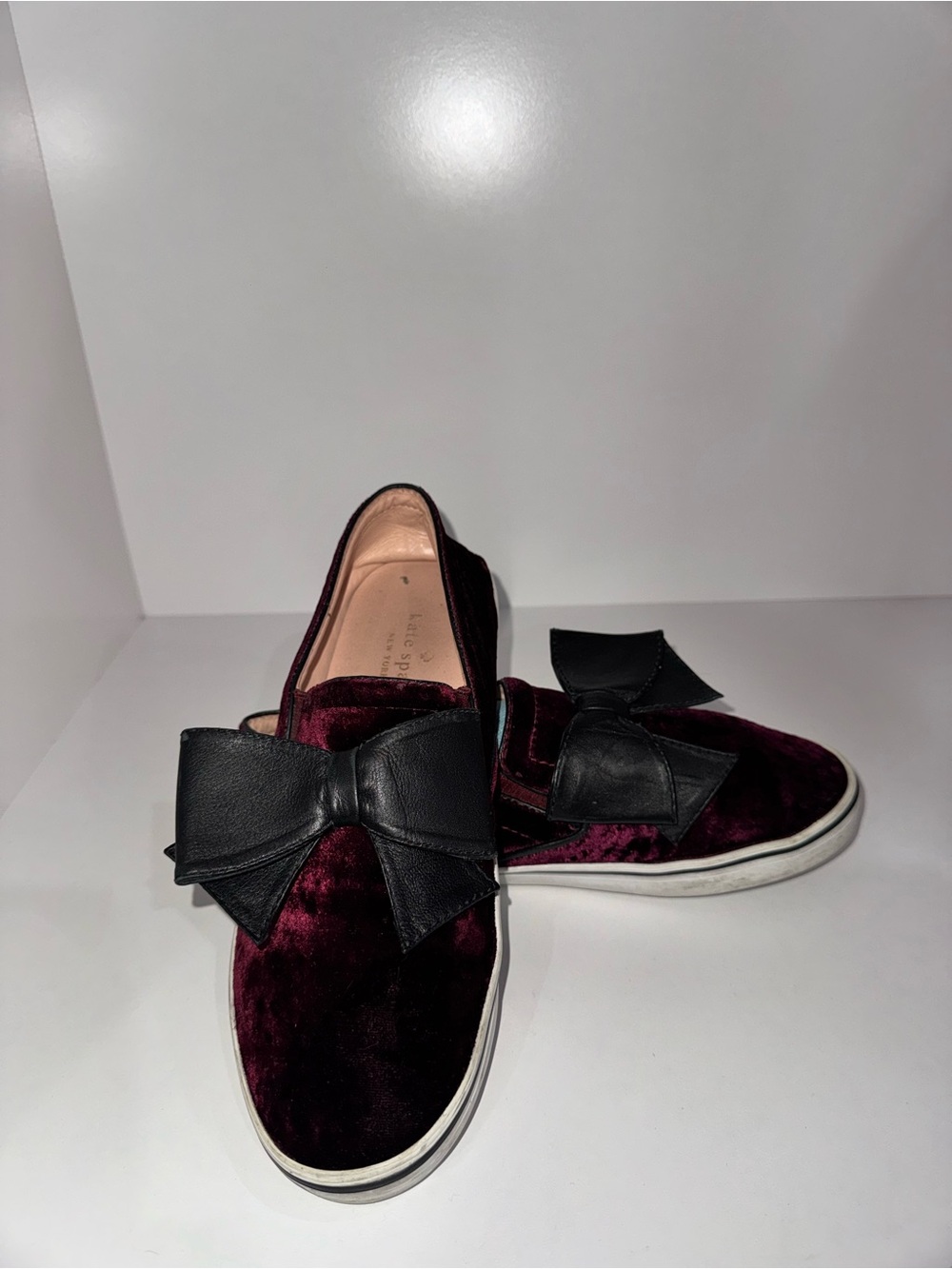 kate spade Burgundy Velvet Slip-On Sneakers with Black Bow
